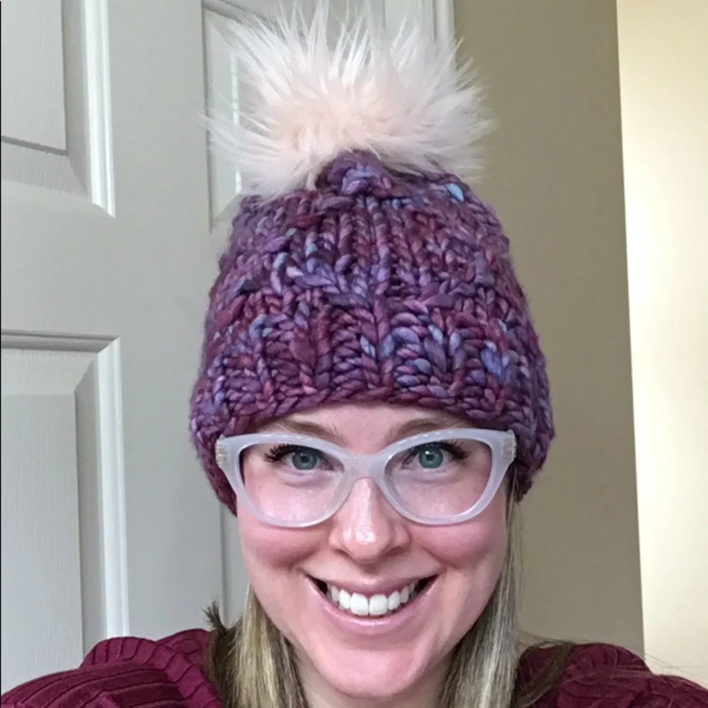 Hand Knit Merino Wool Beanie Hat With Faux Fur Pom